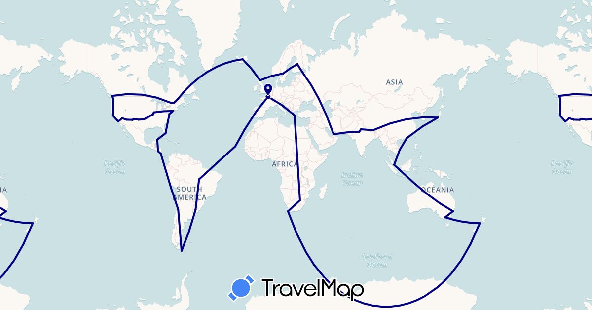 TravelMap itinerary: driving in United Arab Emirates, Argentina, Australia, Brazil, Canada, Chile, China, Costa Rica, Cape Verde, Spain, Finland, France, United Kingdom, Greece, India, Iceland, Japan, Mexico, Nicaragua, Nepal, New Zealand, Russia, Sweden, Singapore, United States, Uruguay, Vietnam, South Africa (Africa, Asia, Europe, North America, Oceania, South America)